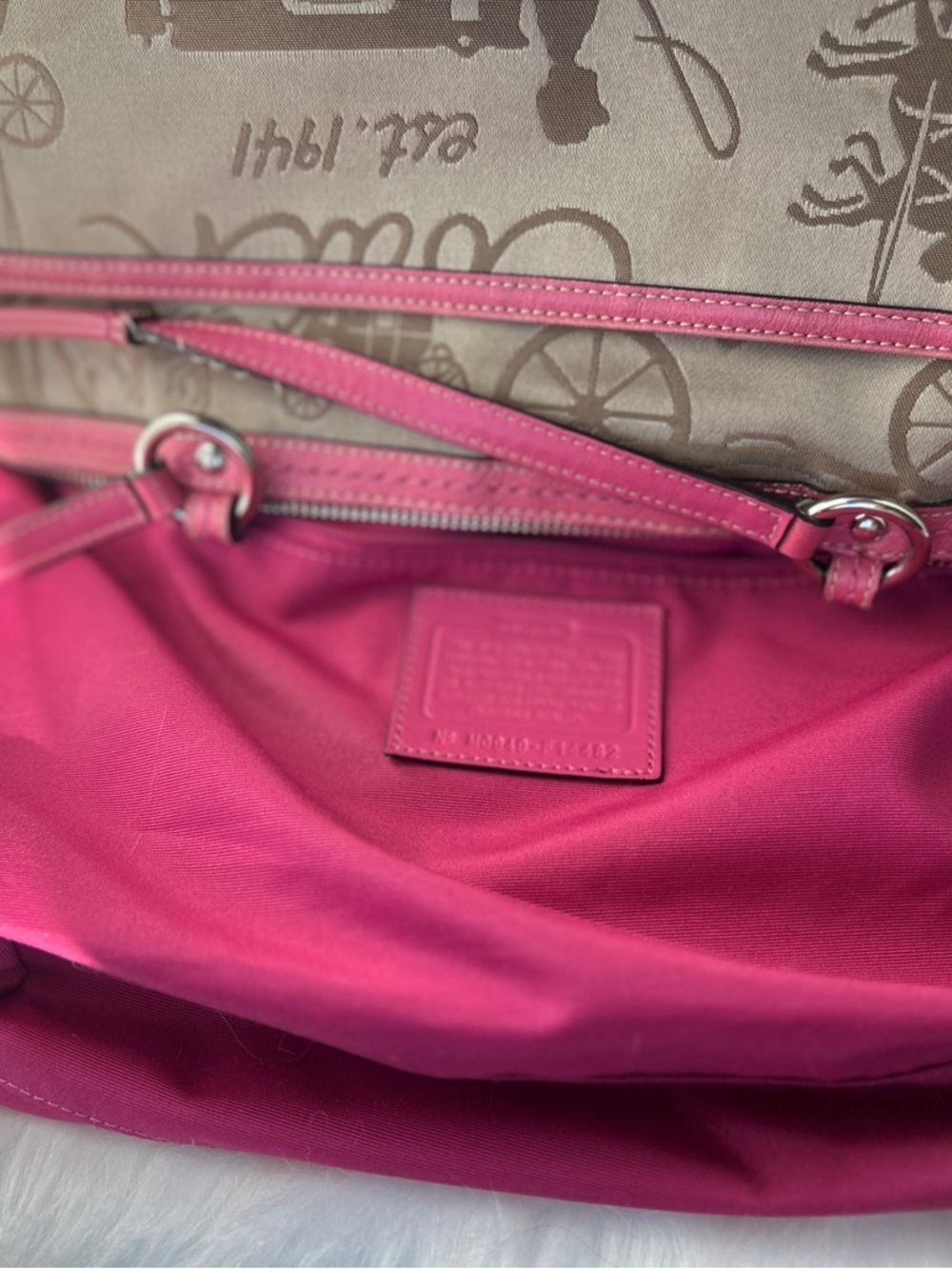 Coach Beige Signature Carriage Tote with Pink Trim - Picture 2 of 6